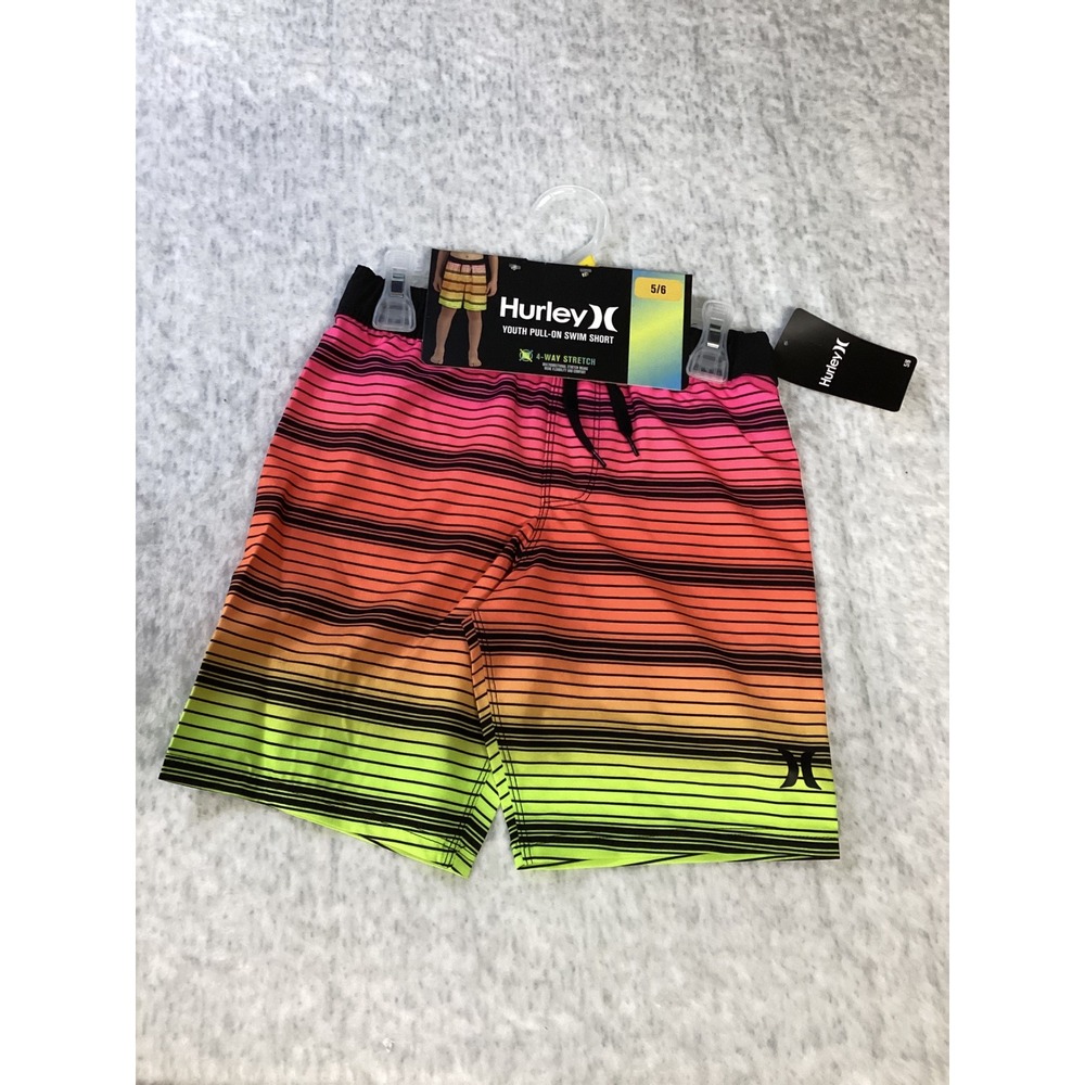 Hurley Youth Boys Pull-On Swim Shorts Pink Orange Green Striped 5/6 985888-E69